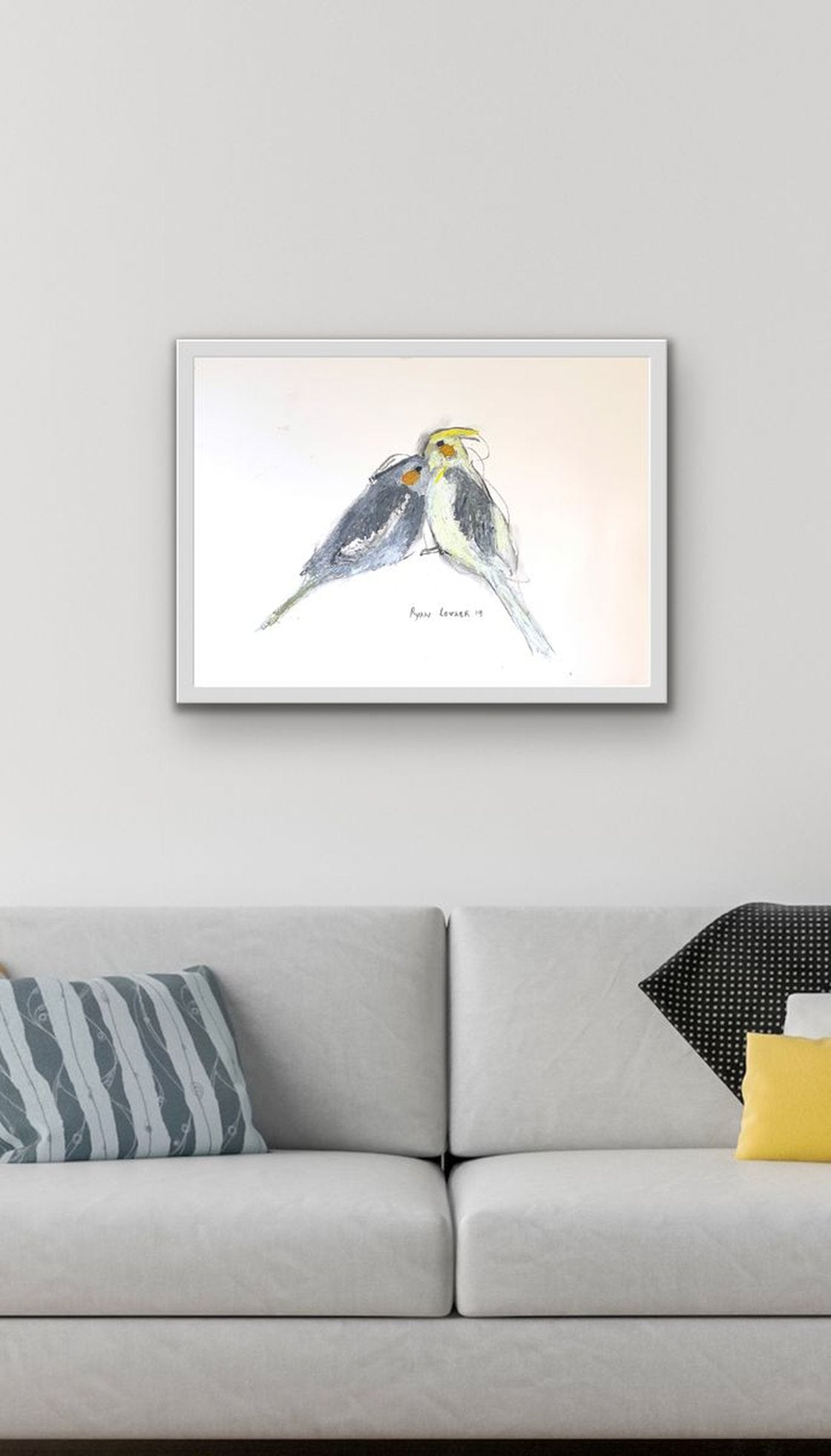 A painting titled 'Cockatiels In Love by Ryan  Louder' by Ryan Louder