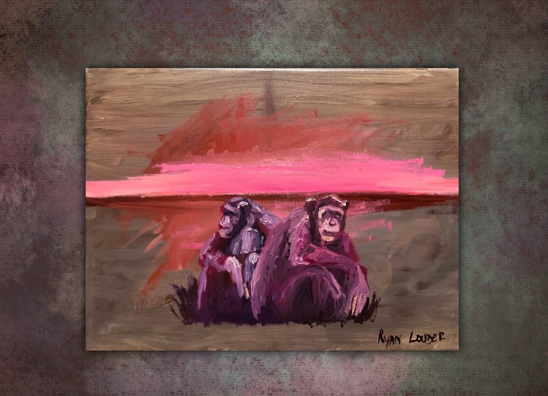A painting titled 'Two Chimpanzees At Sunset by Ryan  Louder' by Ryan Louder